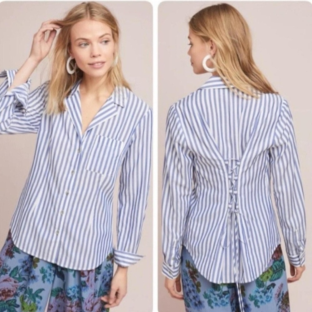 Pilcro and the Letterpress Blue and White Striped Button-Down Shirt
